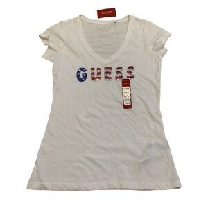 GUESS "JULY" Sequin Tee - Red, White & Blue Rhinestone Logo - Women's XS